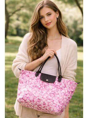 Longchamp Le Pliage Floral Tote Bag Pink White Nylon Leather Large Shoulder Bag